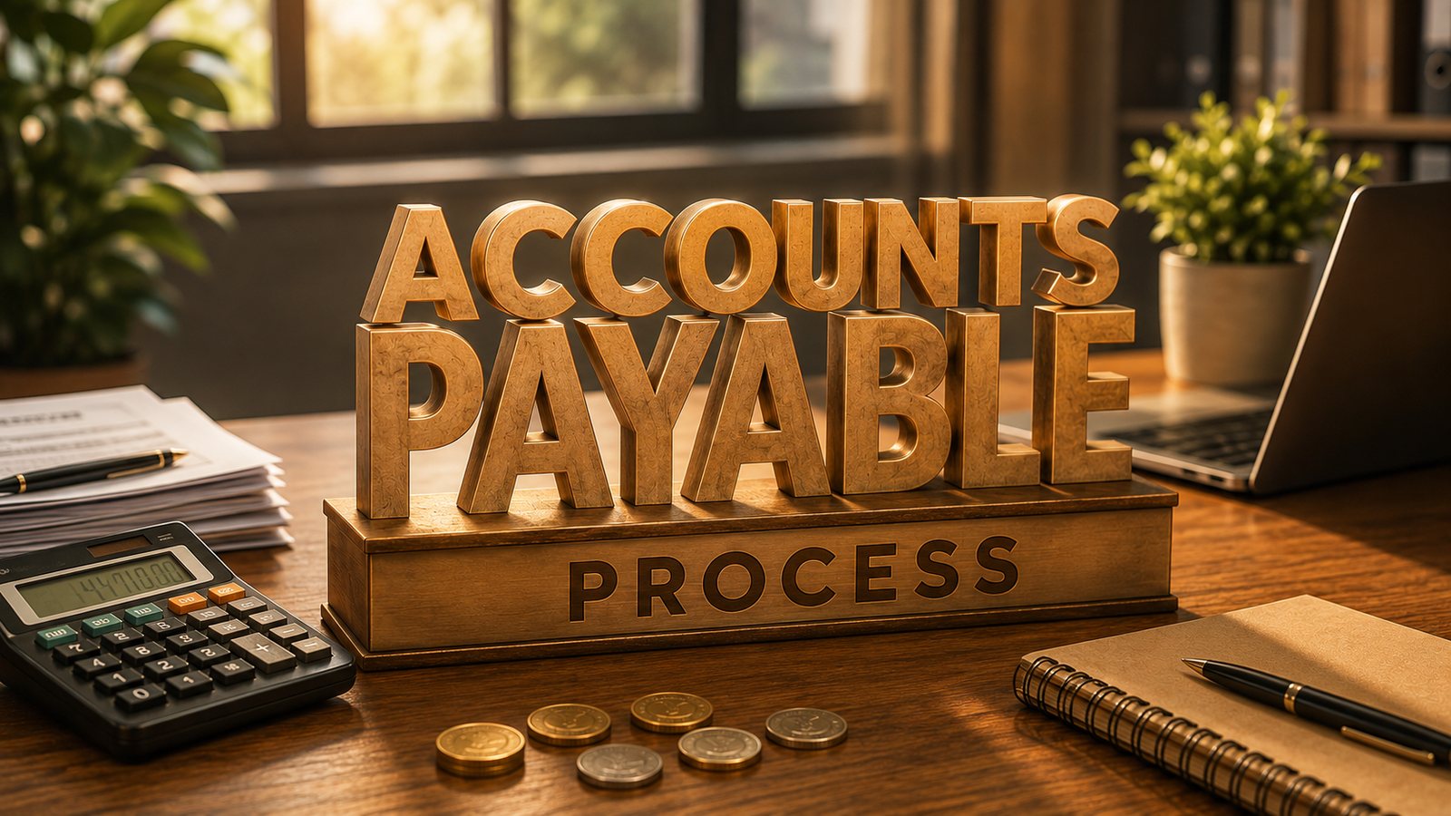 Accounts payable process displayed on an accountant’s desk with working papers
