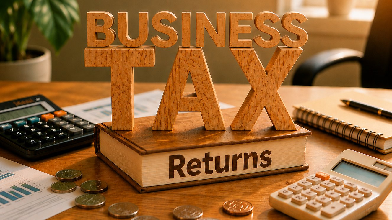Business tax returns lettering on an accountant’s desk with calculators and working papers
