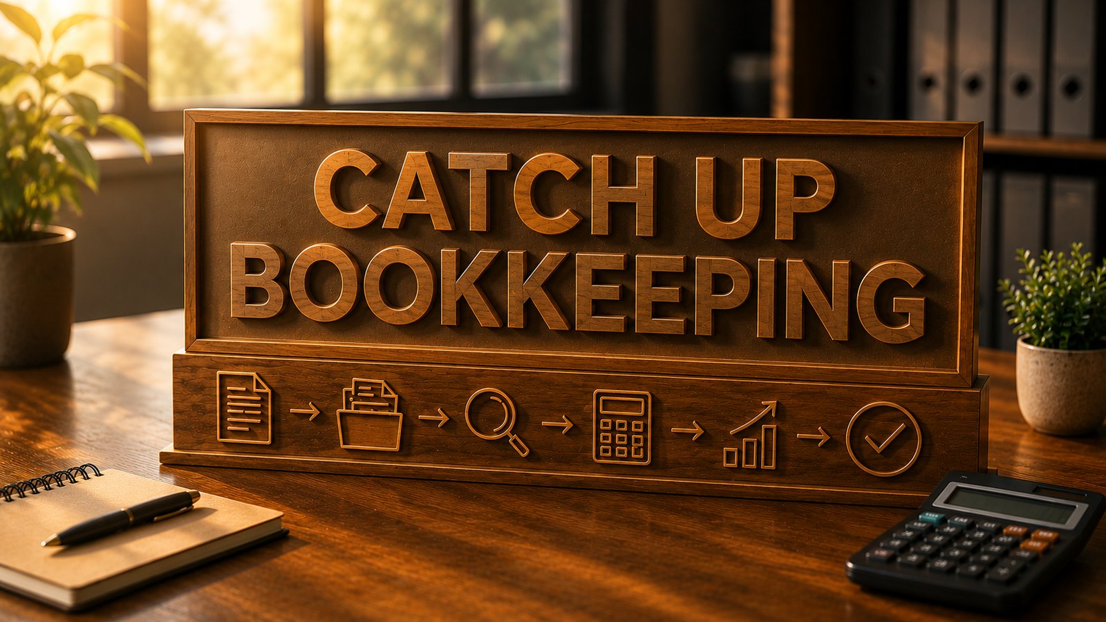 Carved catch up bookkeeping desk sign showing the workflow from records to reconciled