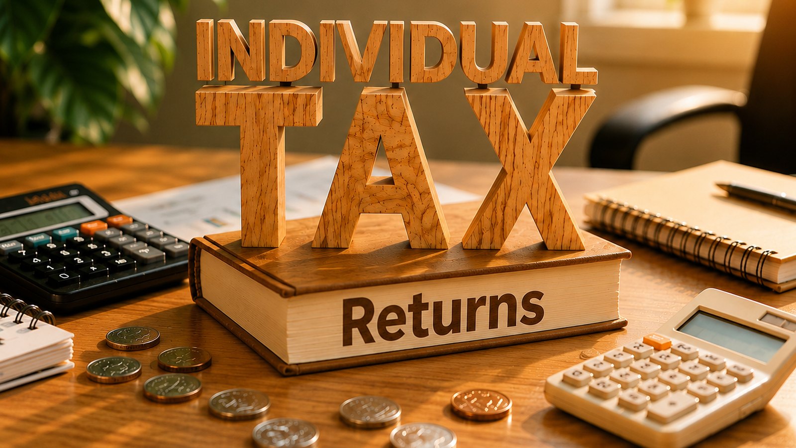 Individual tax returns lettering on an accountant’s desk with calculators and working papers