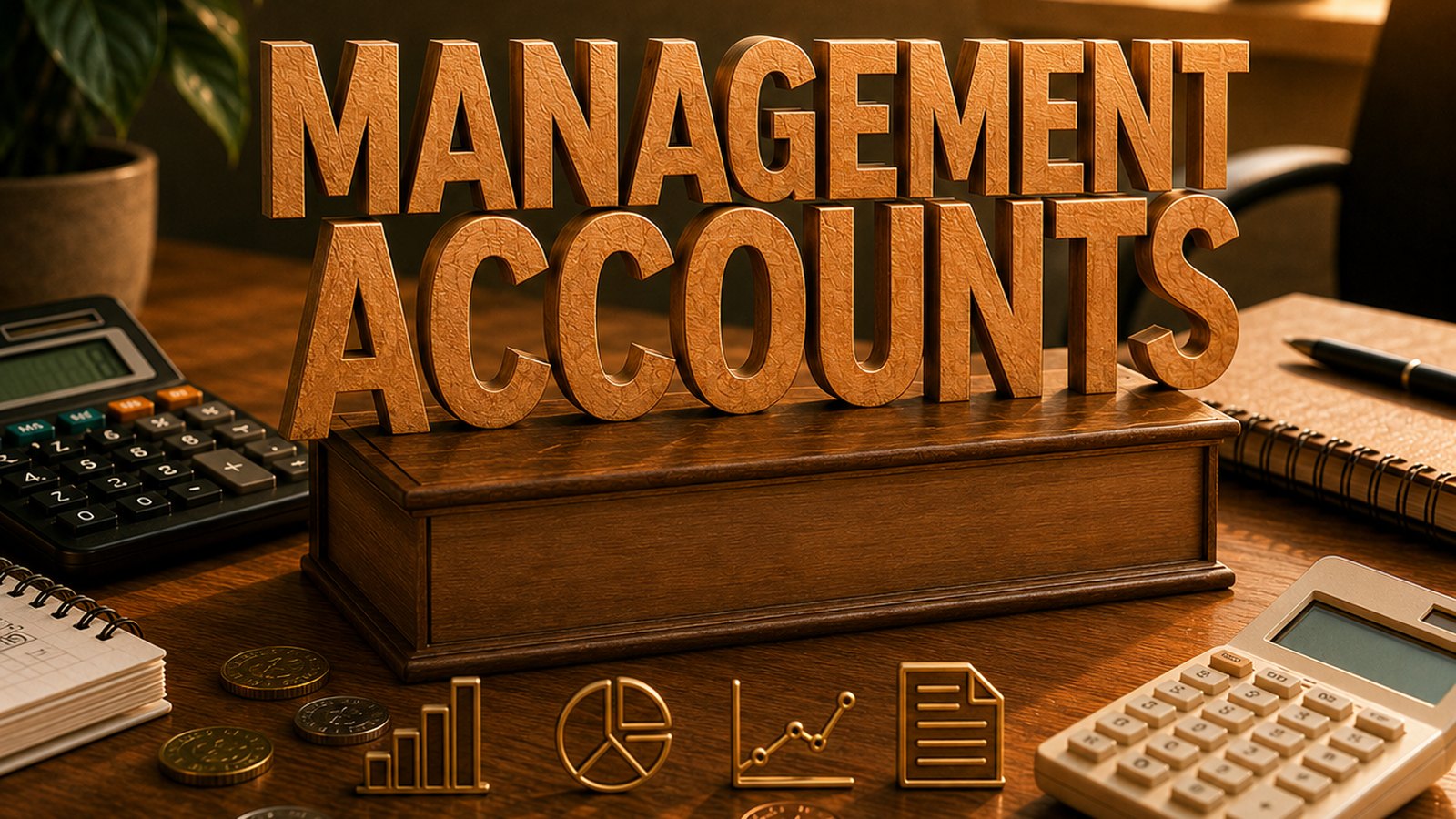 Management accounts lettering on a timber desk plinth with reporting icons, coins and calculators
