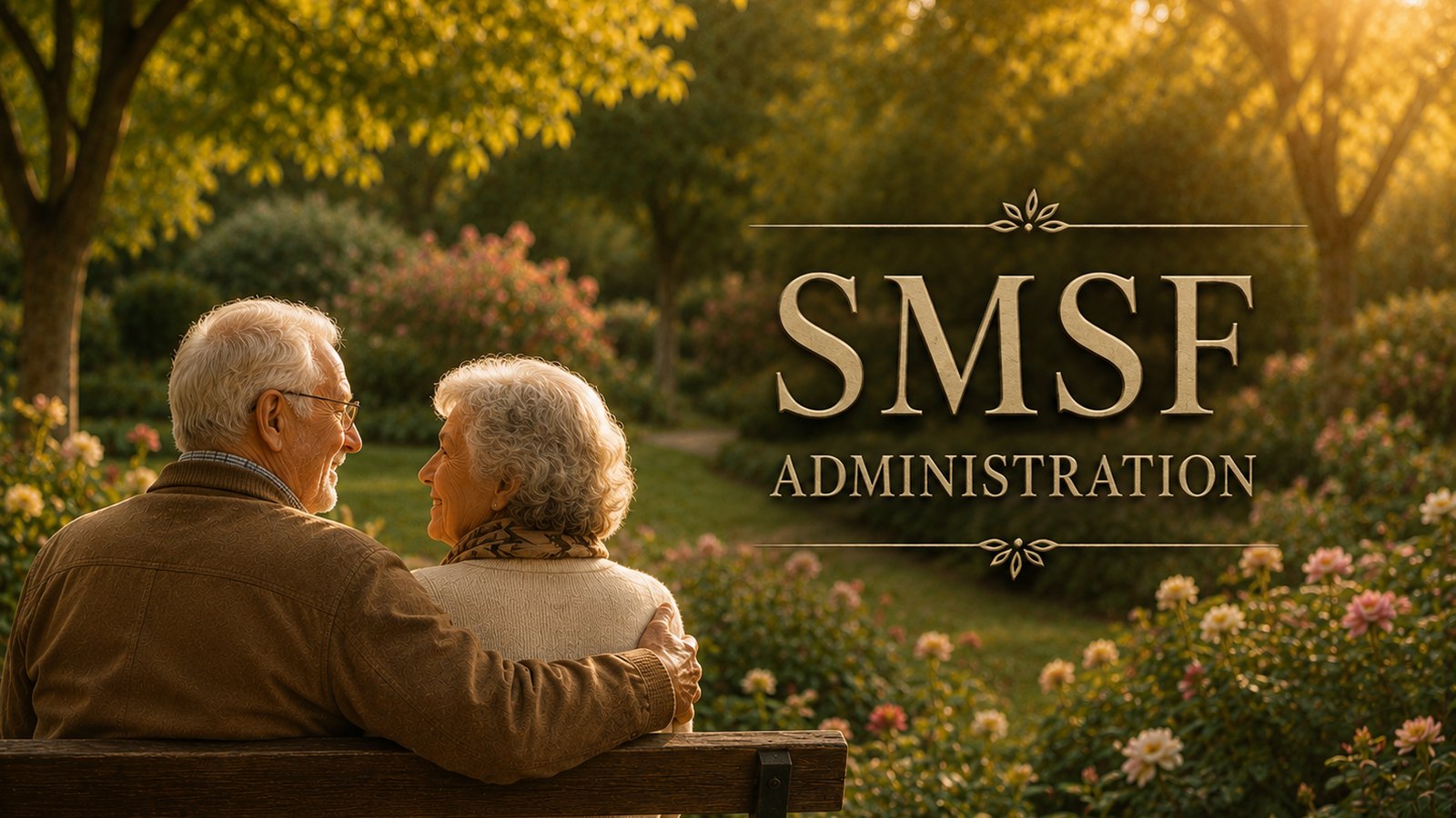 Retired couple sitting together in a sunlit garden beside SMSF administration lettering