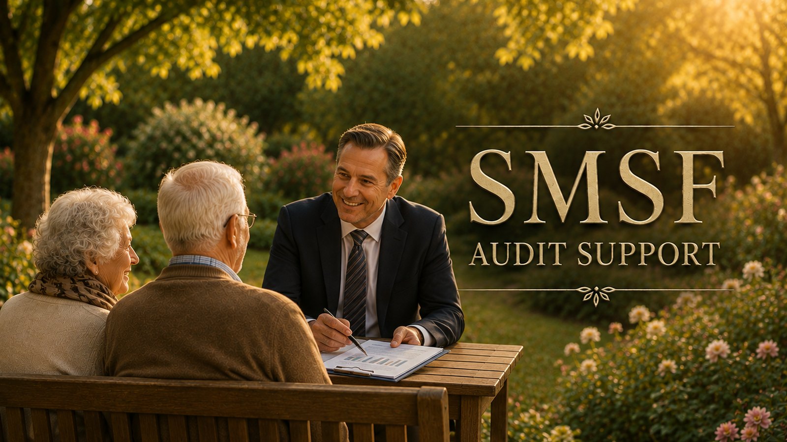 Adviser reviewing fund reports with a retired couple in a sunlit garden beside SMSF audit support lettering