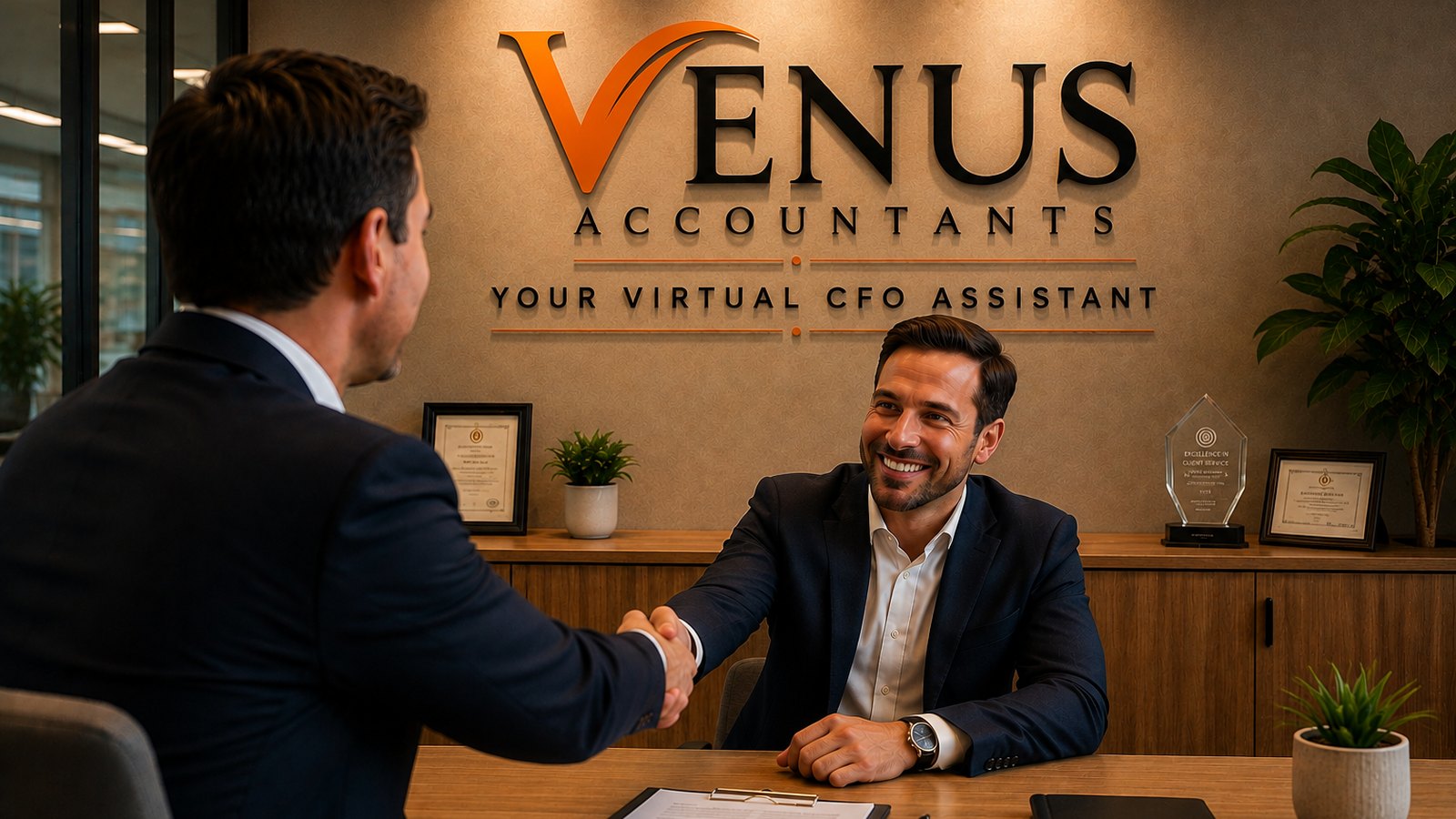 Two advisers shaking hands across a boardroom table beneath a Venus Accountants virtual CFO sign
